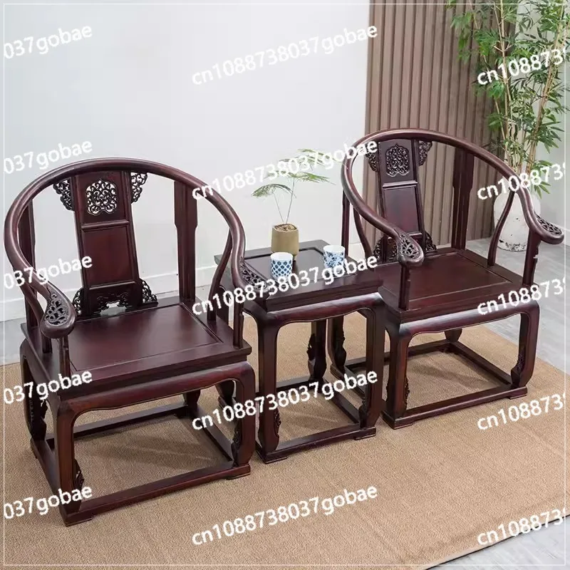 Palace 3-Piece Solid Wood round-Backed Armchair Taishi Chinese Style Classic Style Rosewood Reception Chair Ming and Qing Carved