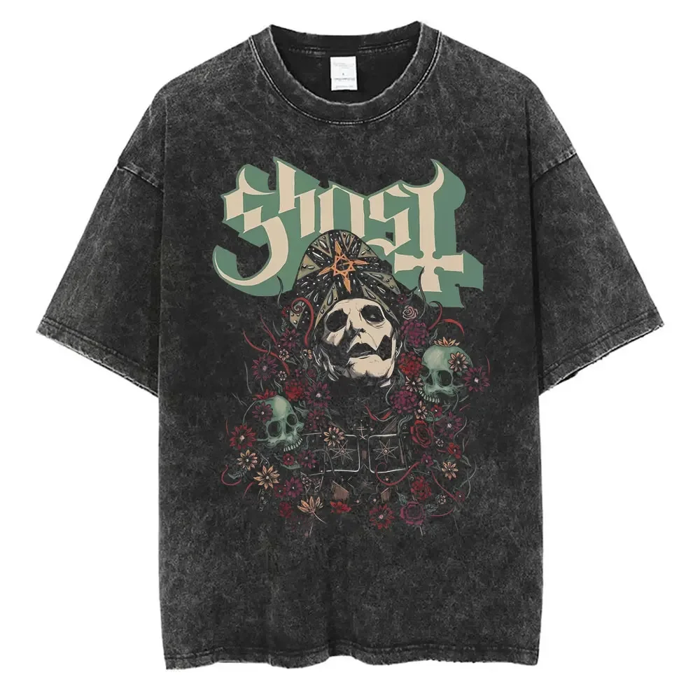 

Ghost Band Graphic Tshirt Washed Vintage Skeleton Rock Oversized Print T Shirts Men Women 90s Classic Gothic Punk Metal T-shirt