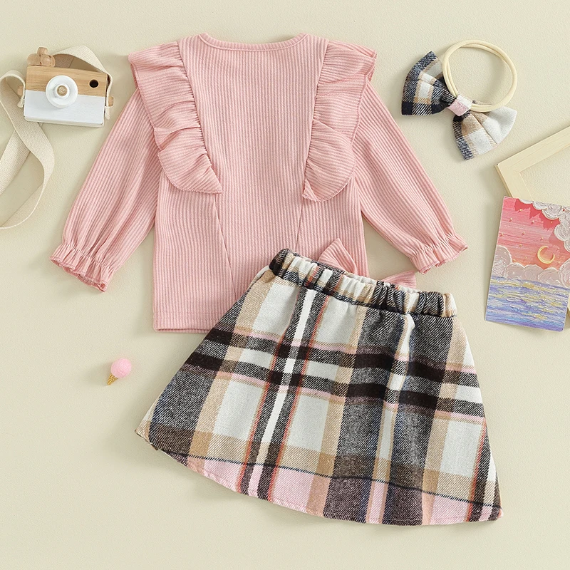 

Toddler Baby Girl Outfit Rib Flare Sleeve Shirt Campus Style Plaid Skirt Set Ruffle Bow Headband Winter Clothes