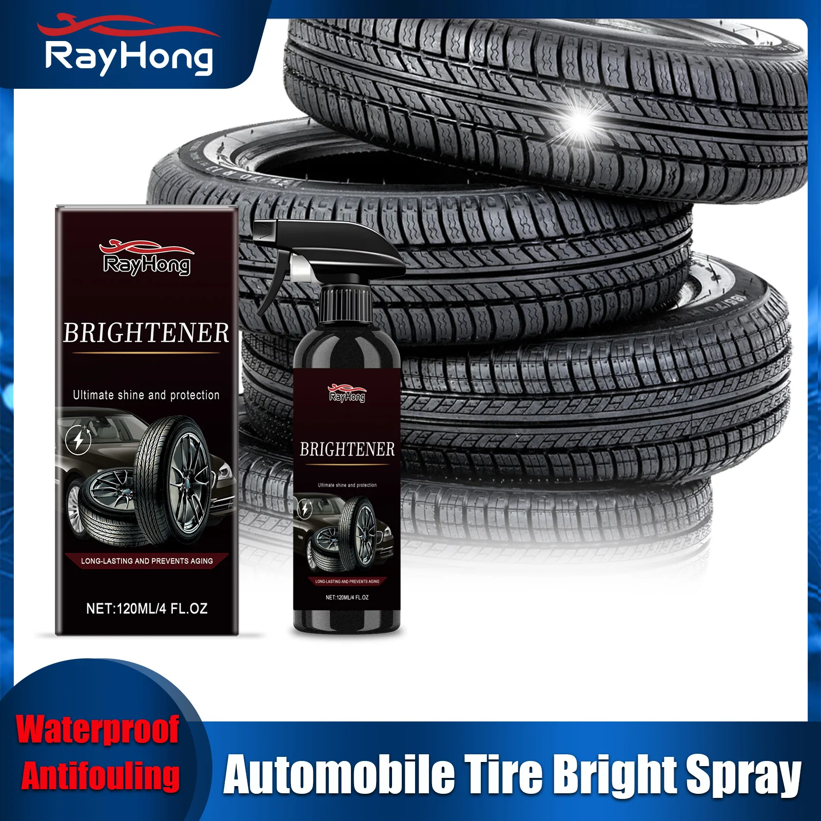 

Блестящий спрей Rayhong для автомобильных шин, водонепроницаемый и защита от загрязнений, без пыли на поверхности, длительное омоложение и уход
