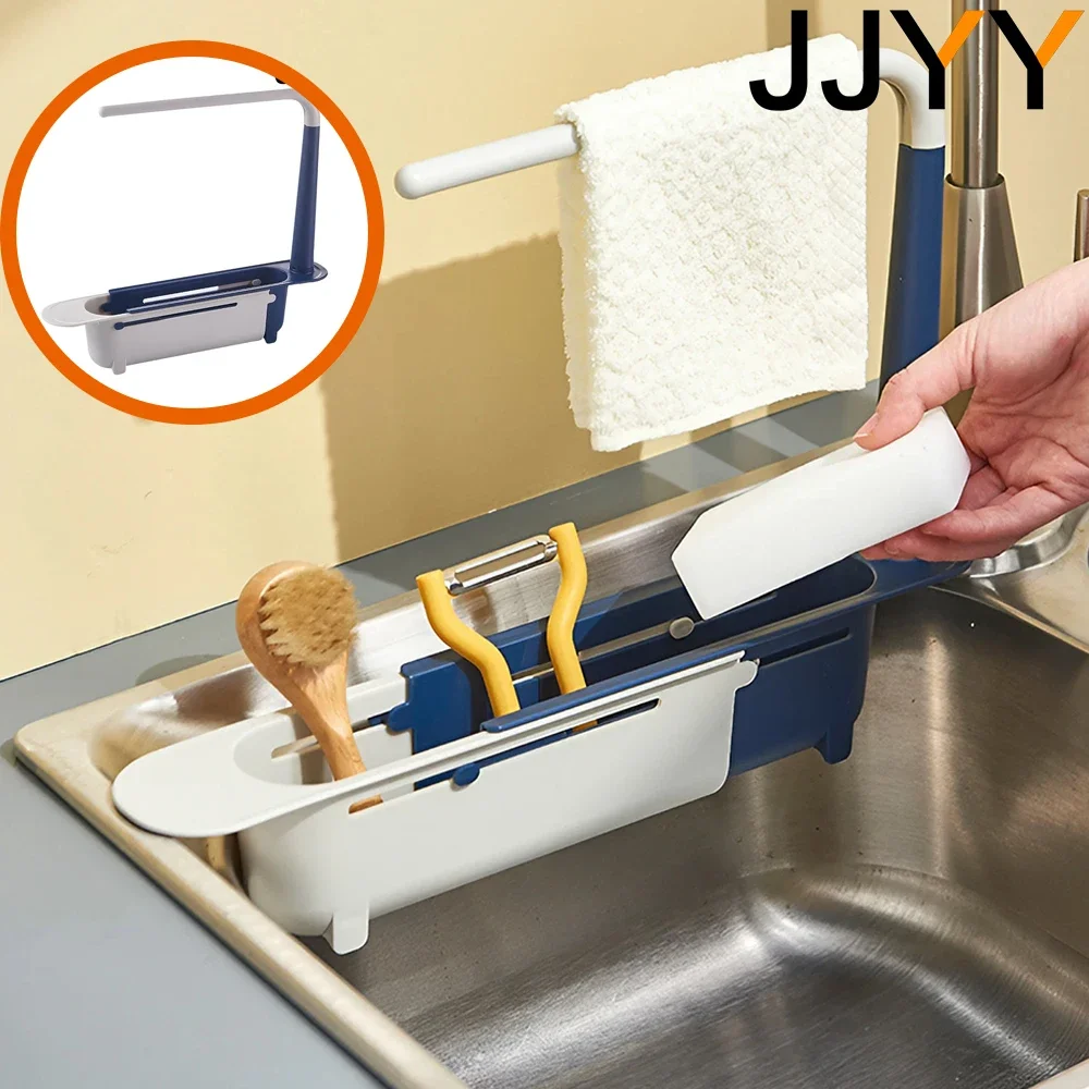 

JJYY Kitchen Sink Shelf Expandable Drainage Rack Vegetable Drainage Basket Adjustable Dish Rag Organiser Kitchen Accessories