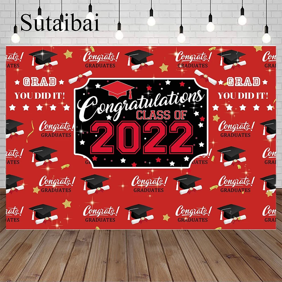 

Congratulations Class of 2022 Graduation Backdrop Black and Red Bachelor Cap Decorations for Prom Party Portrait Photo Booth