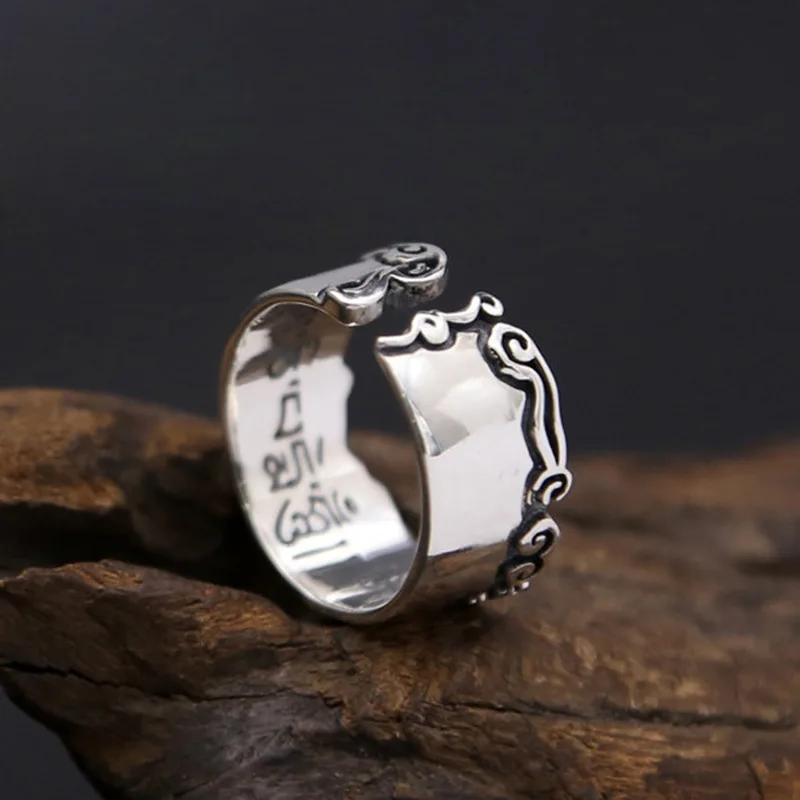 Silver colored ring, scripture carving, men's and women's tail rings, retro and simple jewelry