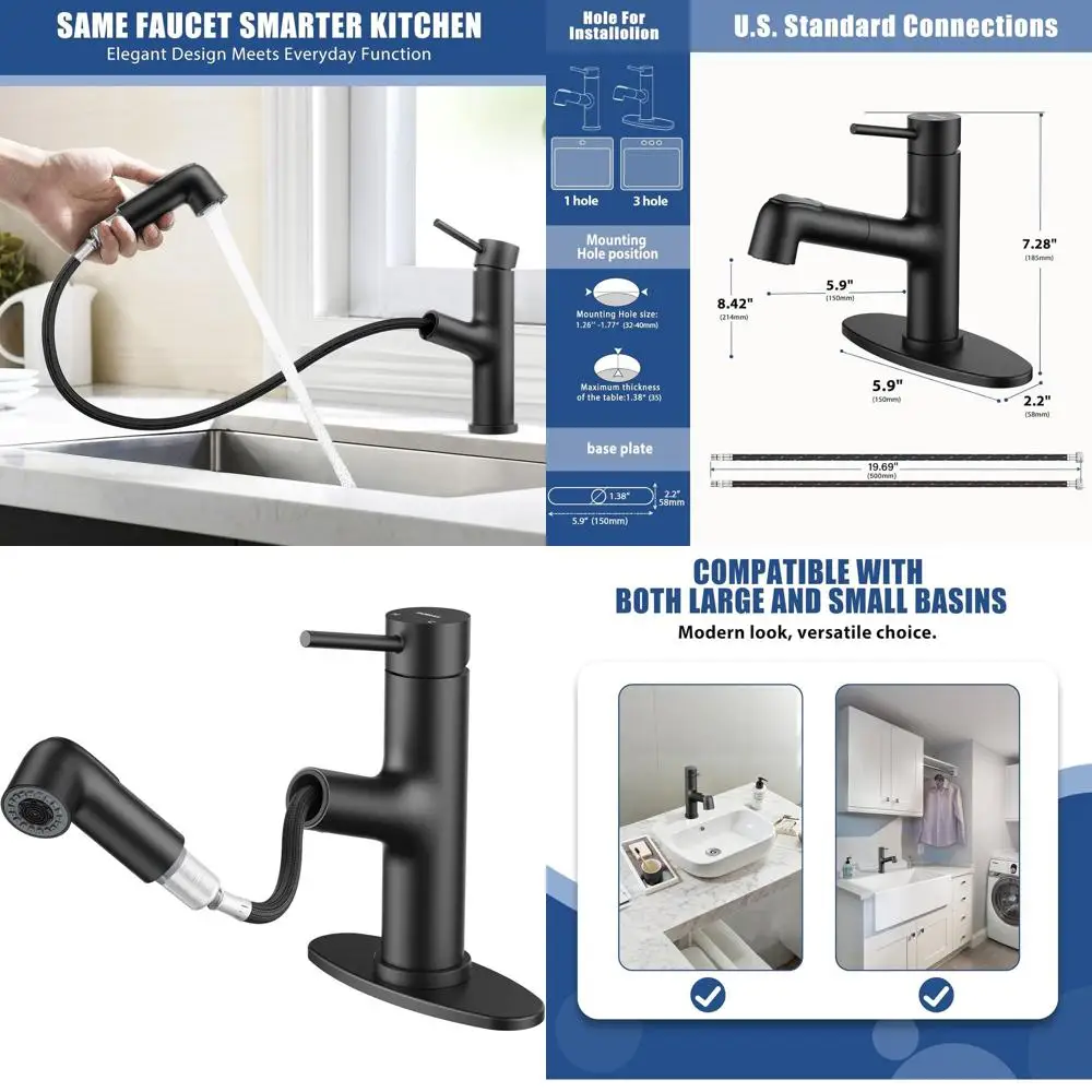 

Single Handle Basin Mixer Tap with 2 Modes, Deck Plate Included, Stainless Steel, Matte Black Finish