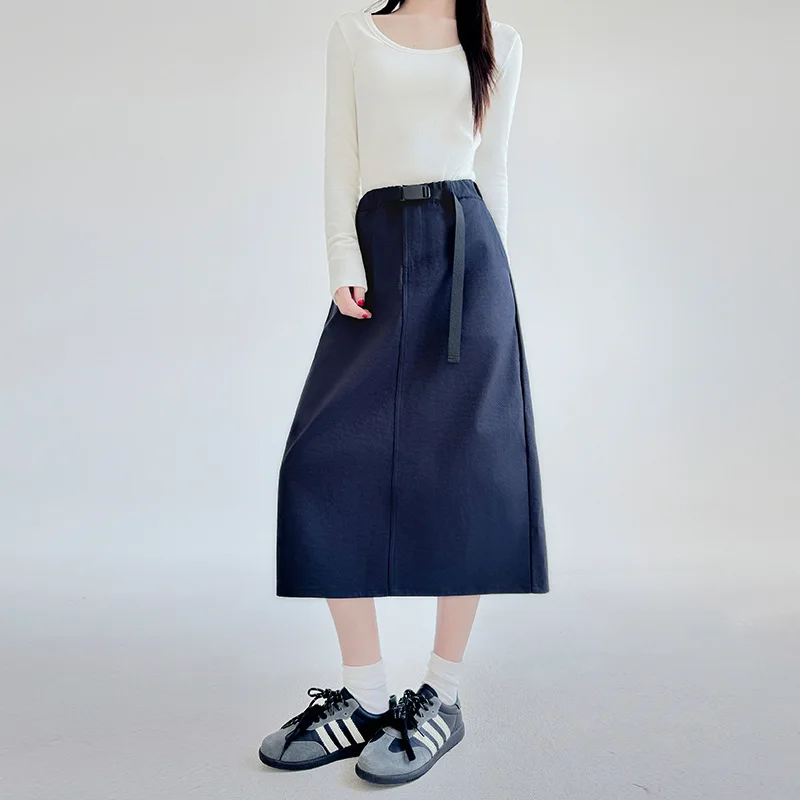 Women A-Line Cargo Skirt Khaki Buckle High Waist Back Slit Skirt Spring Summer Mid length Casual Skirt Female