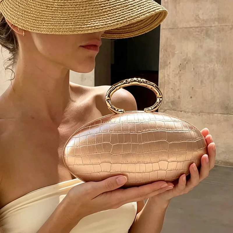 Crocodile Pattern Oval Evening Clutch Bag Women Metal Ring Handle Hard Shell Handbag Elegant Wedding Party Purse Crossbody Bag
