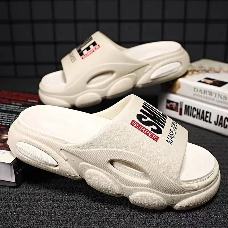 Men Thick Sole Summer Beach Slides Bathroom Anti Slip Slipper Soft Sandals Simplicity Ultra Light Letter Shoes Men Slippers image 4