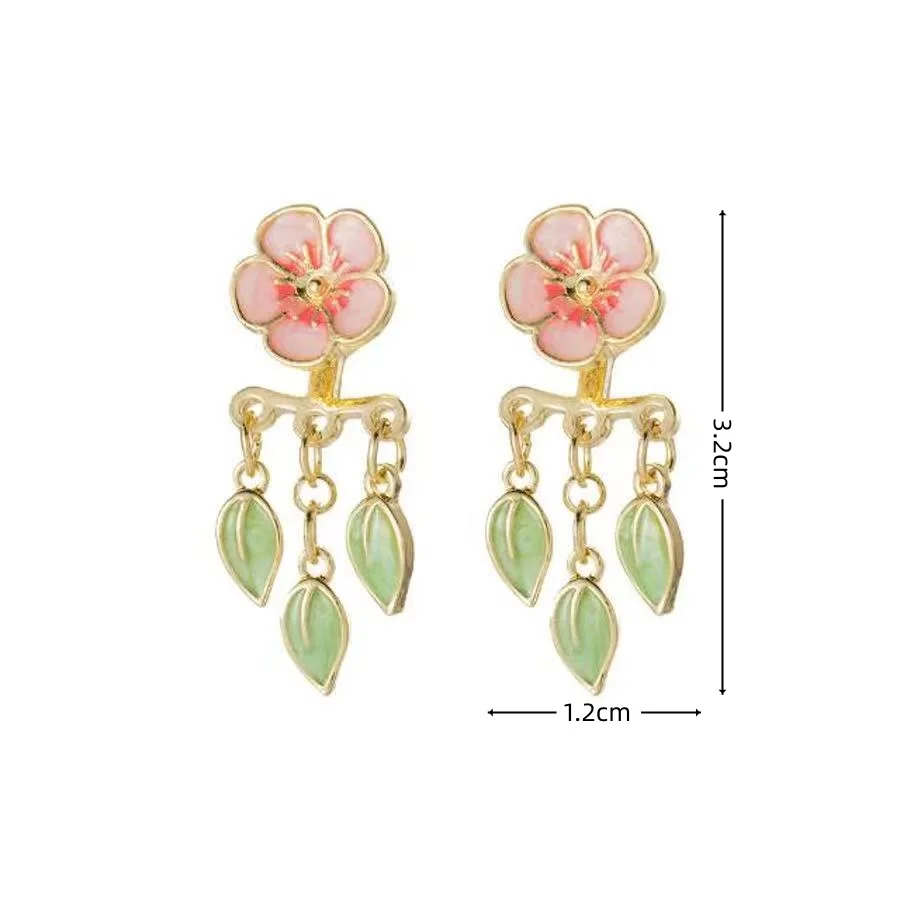 1 pair of fashionable and exquisite enamel colorful flowers leaf front and back earrings niche design flower Earring Jacket wome