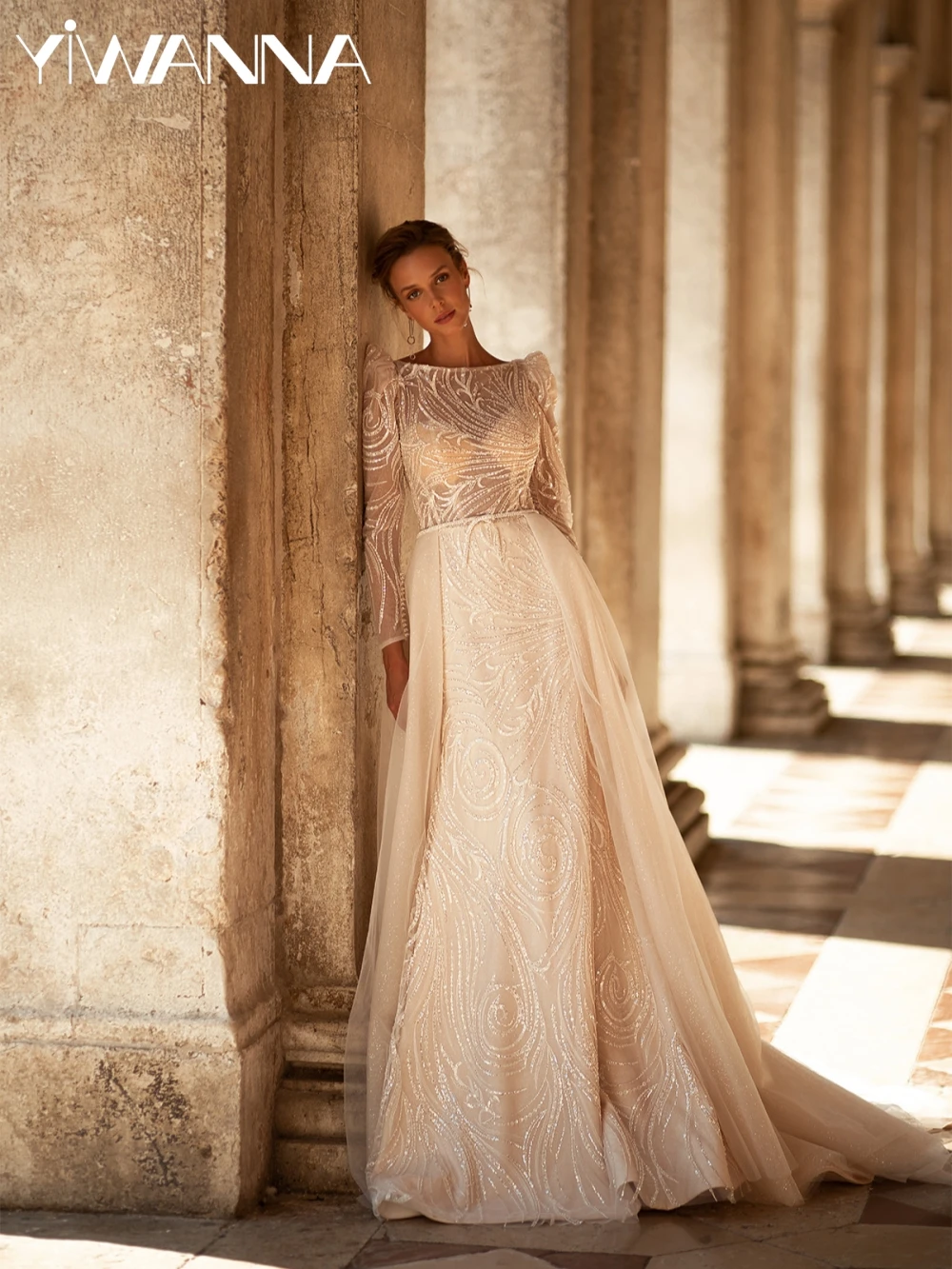 

New Detachable Train Beaded Long Wedding Dress Boat Neck Puff Sleeve Bridal Gown Customized Sparkling Dresses For Bride