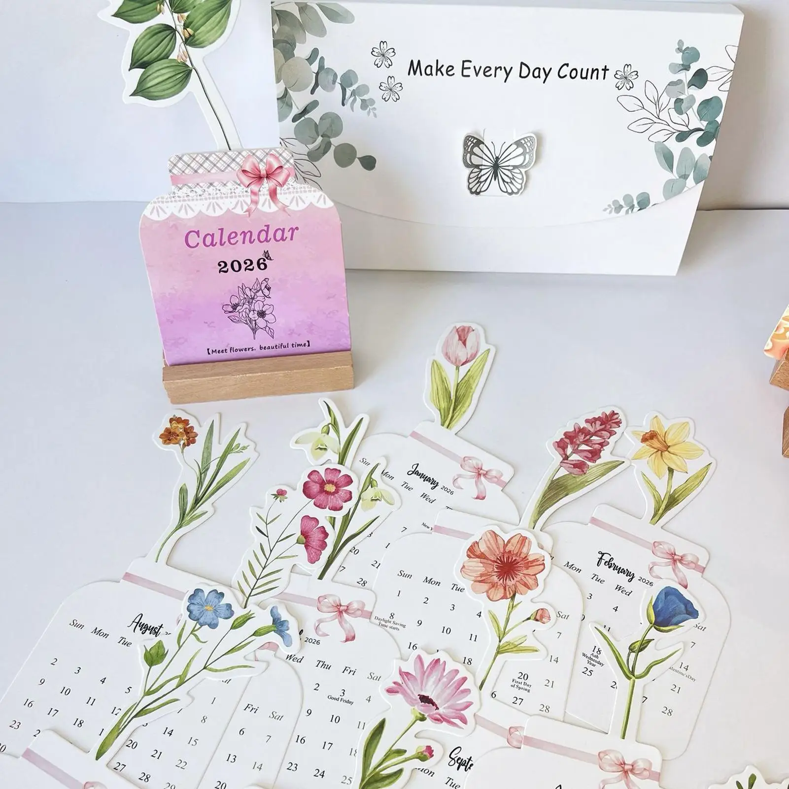 

Flower Vase Calendar 2026 Floral Desk Calendar with Wooden Base Bloomy Flower Monthly Calendar for Home Office School