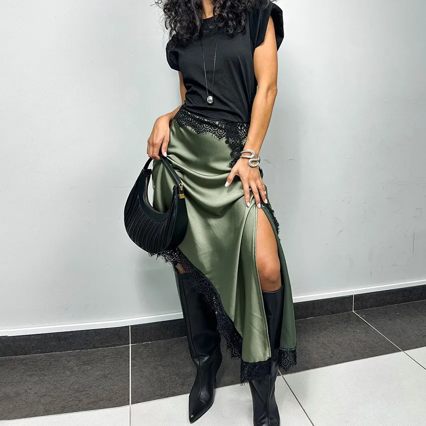 Women Long Skirt Satin Lace Asymmetrical Skirts Midi Straight Cut Half Skirt High Waist Side Slit Olive Green Wrap Style Pencil