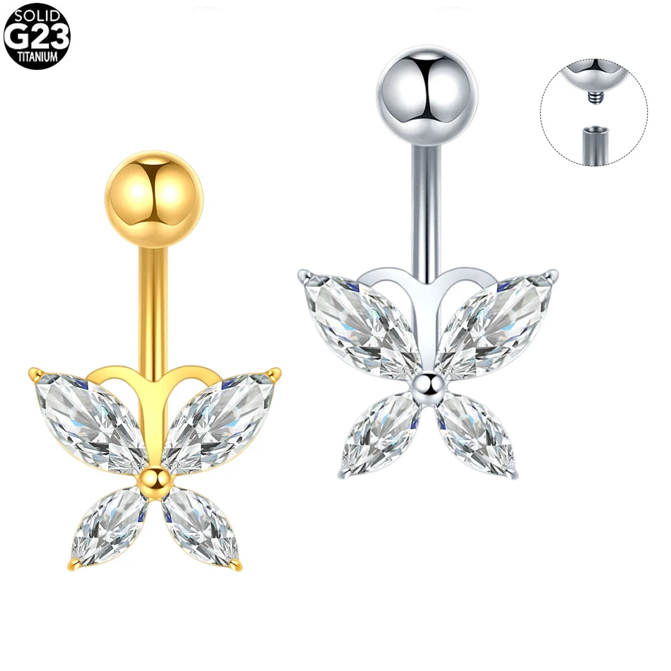 1Pc G23 Titanium Butterfly CZ Navel Ring Piercing Curved Barbell Internally Threaded Belly Button Ring Piercing Jewelry