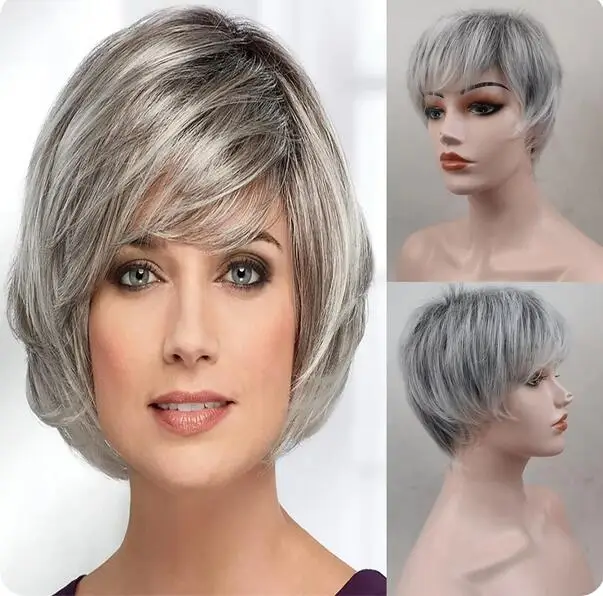 Synthetic Hair Women Short Straight Ombre Bob Wig with Bangs Blonde Silver Brown Red