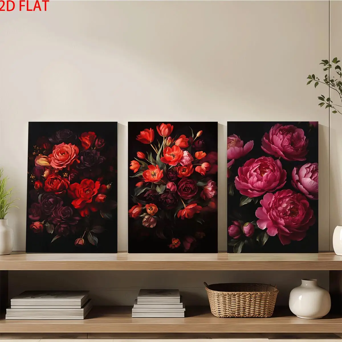 Frameless 2D Flat 3pc Wood Frame Canvas Wall Art – Three floral paintings with red and pink flowers on black backgrounds perf