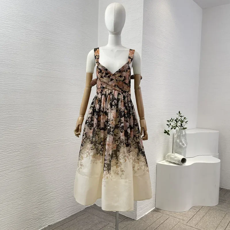 

Silk Linen Cross-pleated Design 2024 Floral Print New Vacation High Quality Sleeveless Shirred Lace-up Women Re-tro Midi Dress