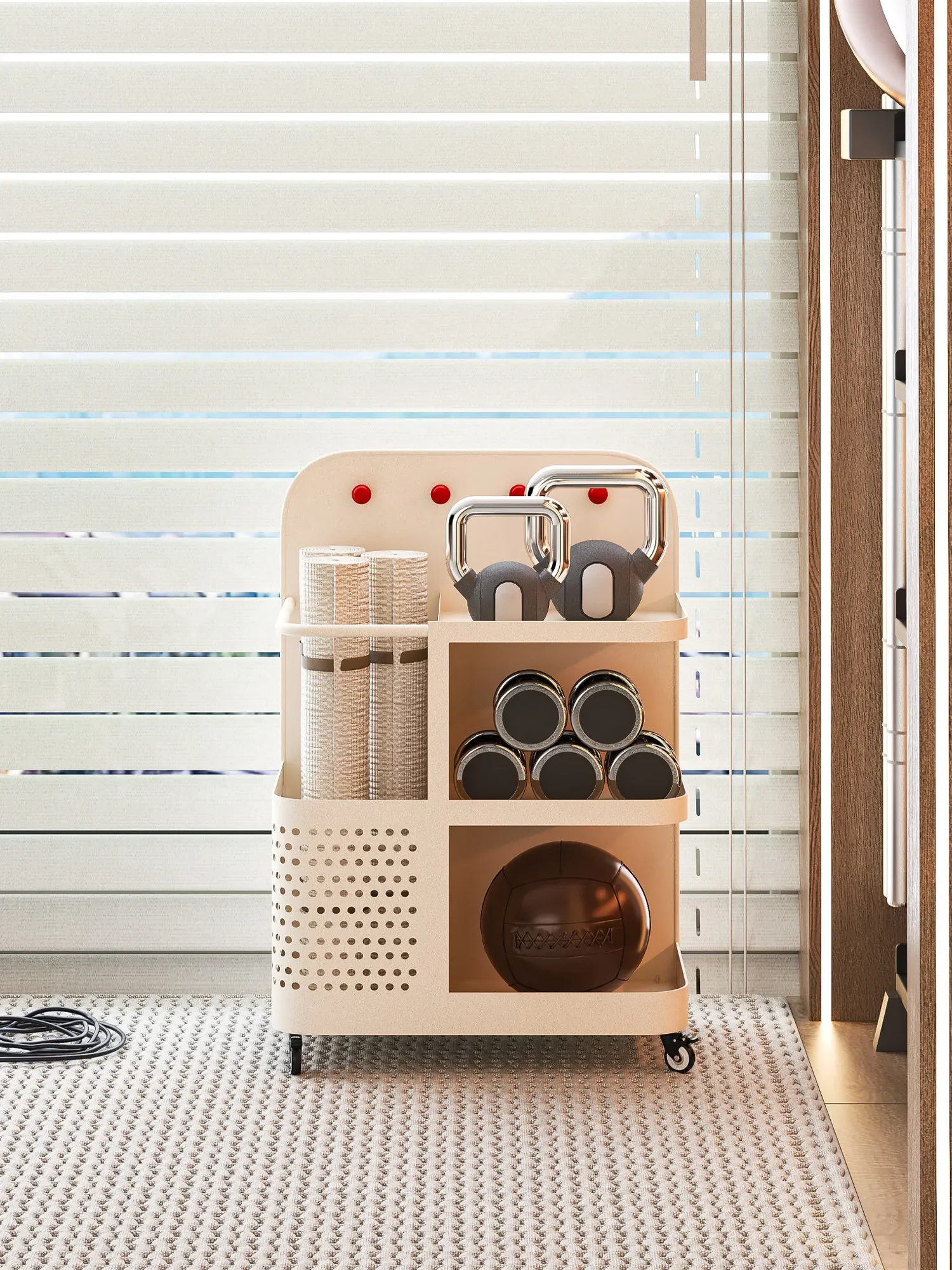 Yoga Mat Storage Basket Removable Fitness Equipment Storage Rack Household Wheeled Racket Foam Axle Dumbbell Shelf
