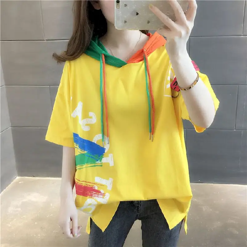 Hooded Short-sleeved T-shirt Women 2024 Spring Summer New Fashion Womens Tops Loose Color Matching Graffiti Half-sleeved T Shirt