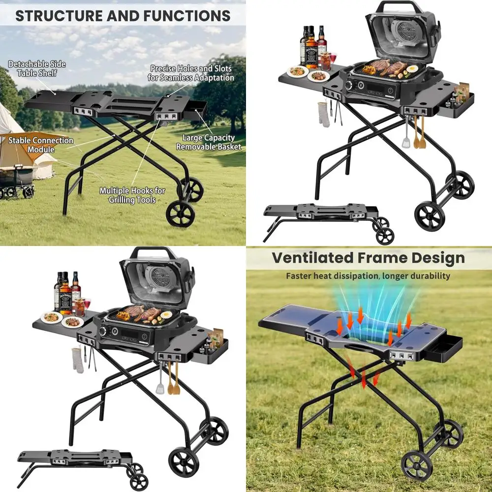 

Portable Folding BBQ Cart for Ninja OG700-OG750 & Blackstone 22 - Wheeled Stand with Side Shelf and Storage Basket