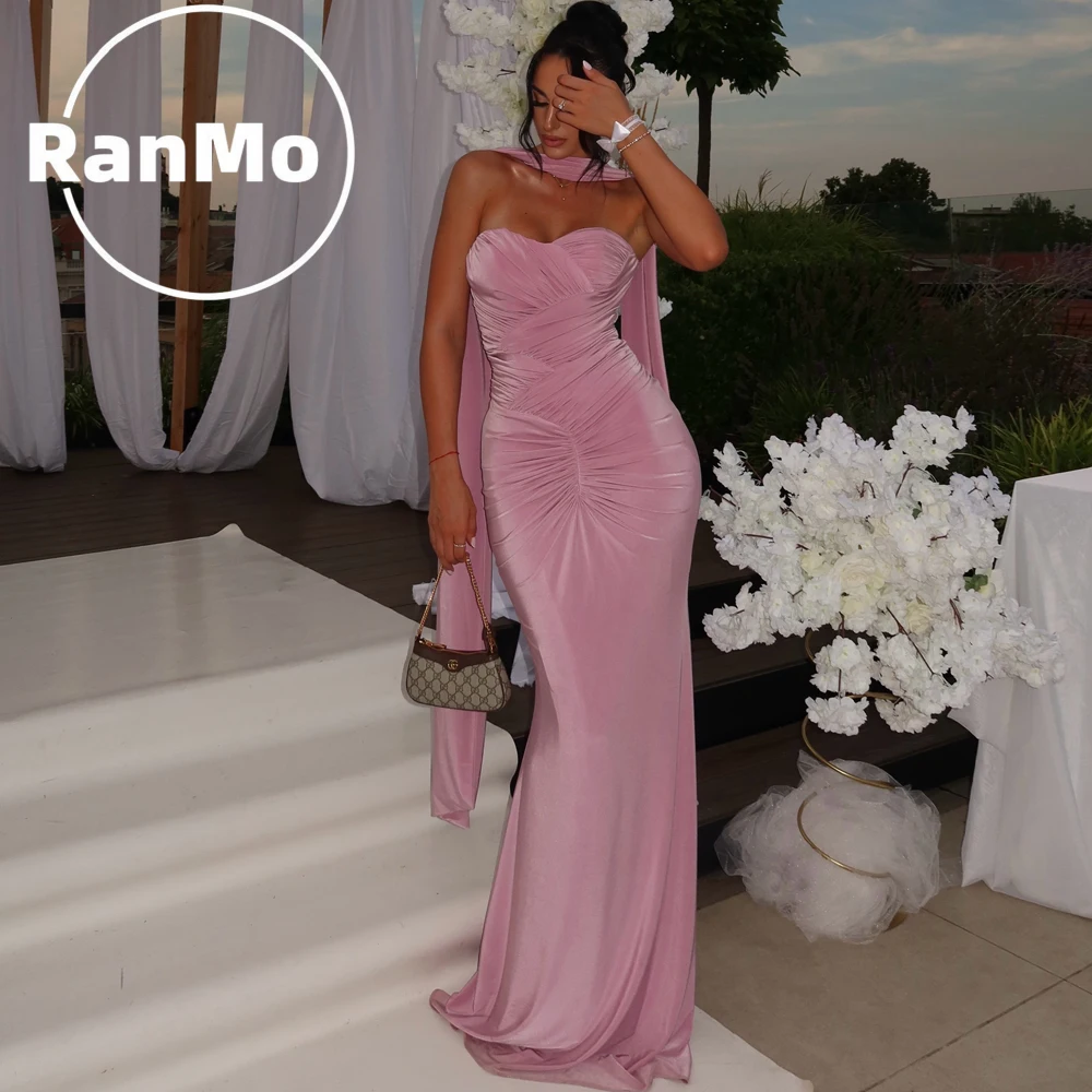 Ranmo Customized Elegant Pink Mermaid Prom Dresses Sweetheart Sleeveless Maxi Party Dresses With Scarf Gala فساتين سهرةProm Gown