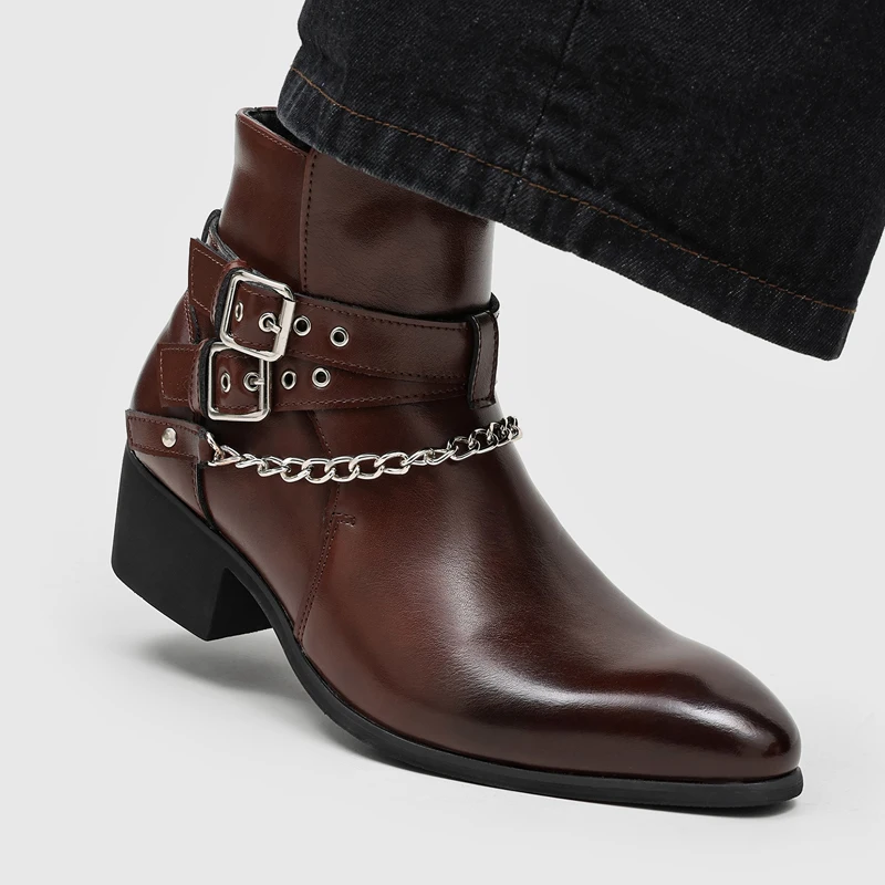 Retro Men Short Boots Black Brown British Style Metal Chain Buckle Chelsea Boots Social Boots Sizes 38-46 Men Boots