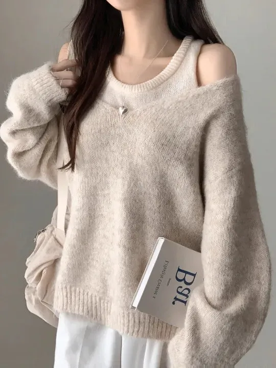 

Chic V-Ne oulder-Bared Knit Sweater Women's Outerwear U-Ne Base Layer Knitted Csole Two-Piece Set Autumn Winter Loos...