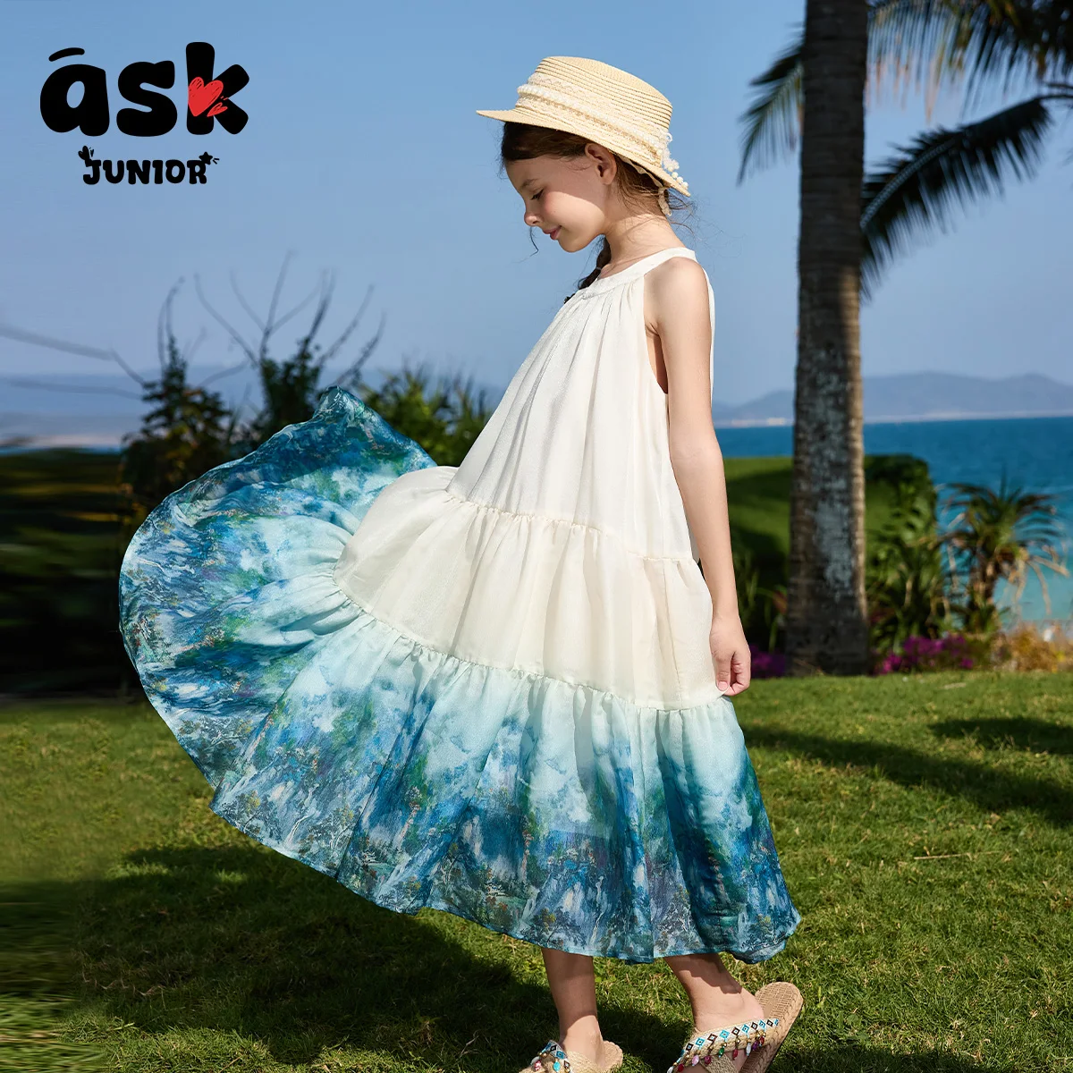 فستان بناتي صيفي برقبة دائرية وطبعة حبر لطخة #3