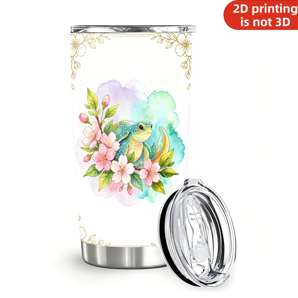 20oz Sea Turtle Cherry Blossom Printed Stainless Steel Tumbler with Lid and Straw, Floral Ocean Wildlife Vacuum Insulated Travel Coffee Mug