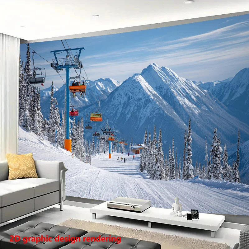 Giant Ski Resort Winter Mountain Panorama Mural Wallpaper Backdrop for Living Room Decor