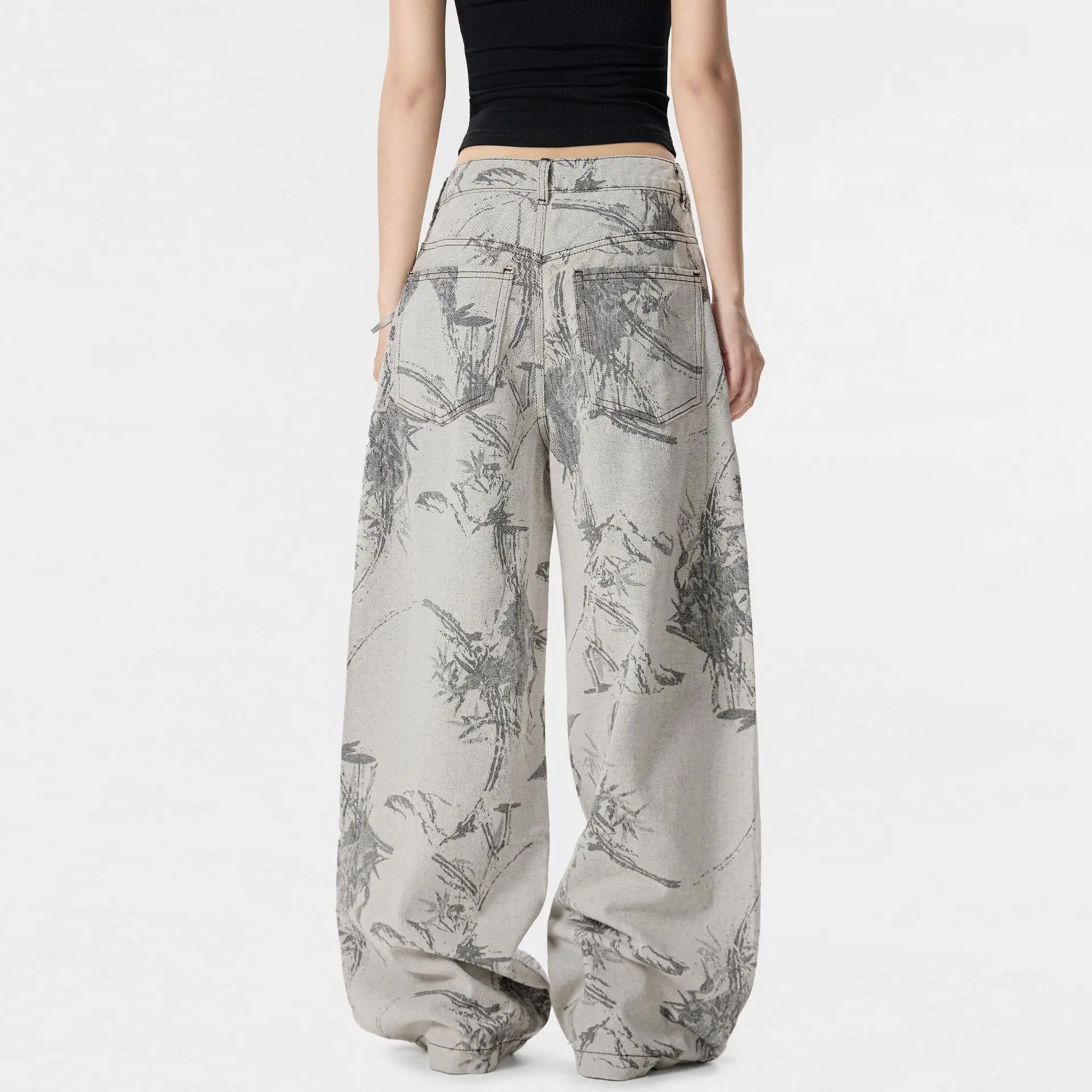 OR FL Women's New Chinese Style Ink Wash Painting Print Jeans National Trend Advanced Design Sense Staraight Wide Leg Pants Y2k