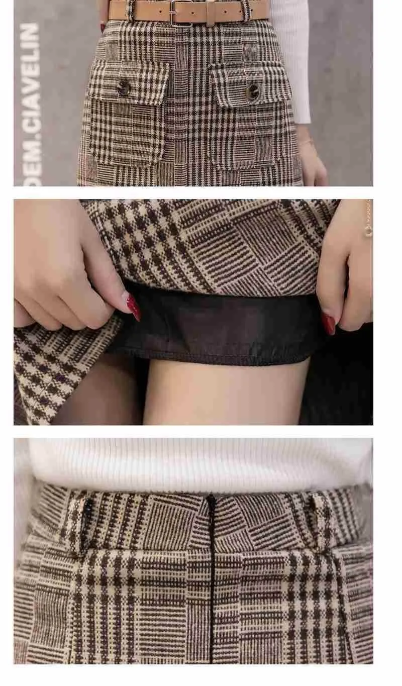 Winter Skirts for Women Knee Length Luxury False Pockets Office Lady Casual A-Line High Waist Plaid Skirt Korean Style with Belt