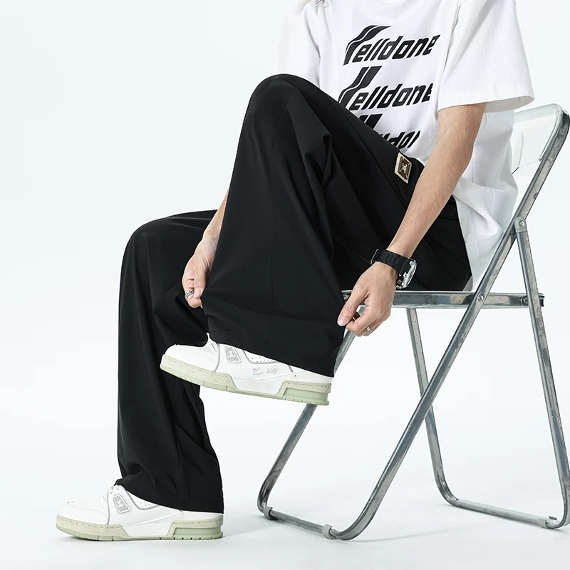 여름 남성 드로스트링 아이스 실크 팬츠 솔드 컬러 얇은 속건 스트레이트 레그 스포츠 조거 트라우저 남성 플러스 사이즈 7XL 8XL