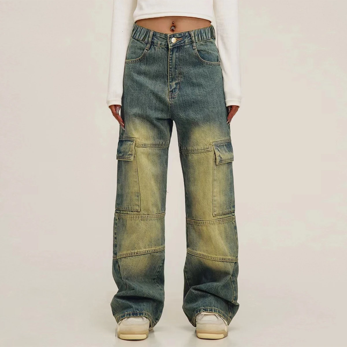 

Teenage Girl's Workwear Denim Jeans - American High Street Style, Distressed Wash, Casual Loose Fit Wide Leg Straight Leg Pants