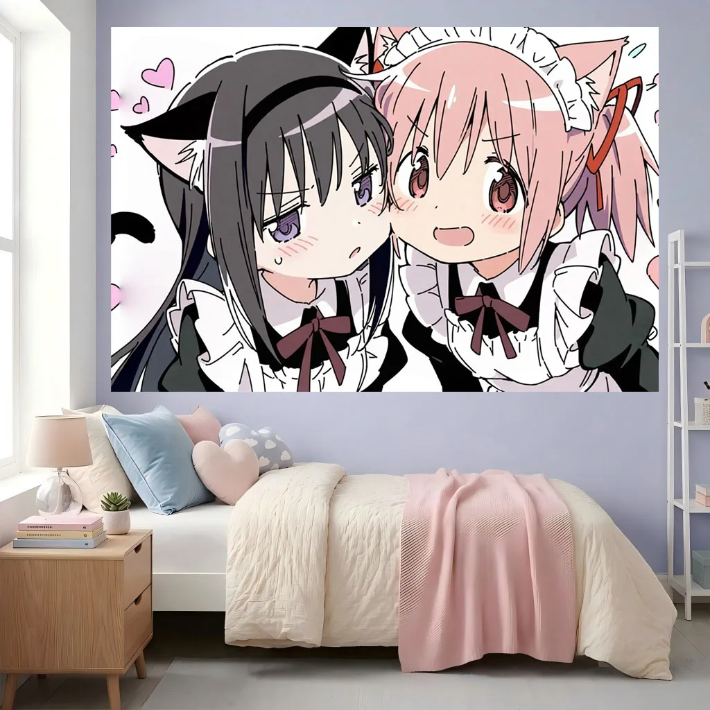 1 Stück P-Puella M-Magi, M-Madoka M-Magica Wandteppich Schwarz-Rosa Katzenohren Uniform Wandbehang Süße Yuri Deko Schlafzimmer Wohnheim Fans Geschenk
