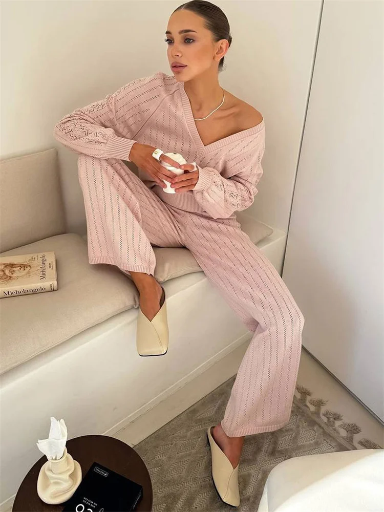 

Tossy Casual Knit 2 Piece-Set Straight Trousers Female Loose V-Neck Hollow Out Pullover And High Waist Women's Pants Outfits New