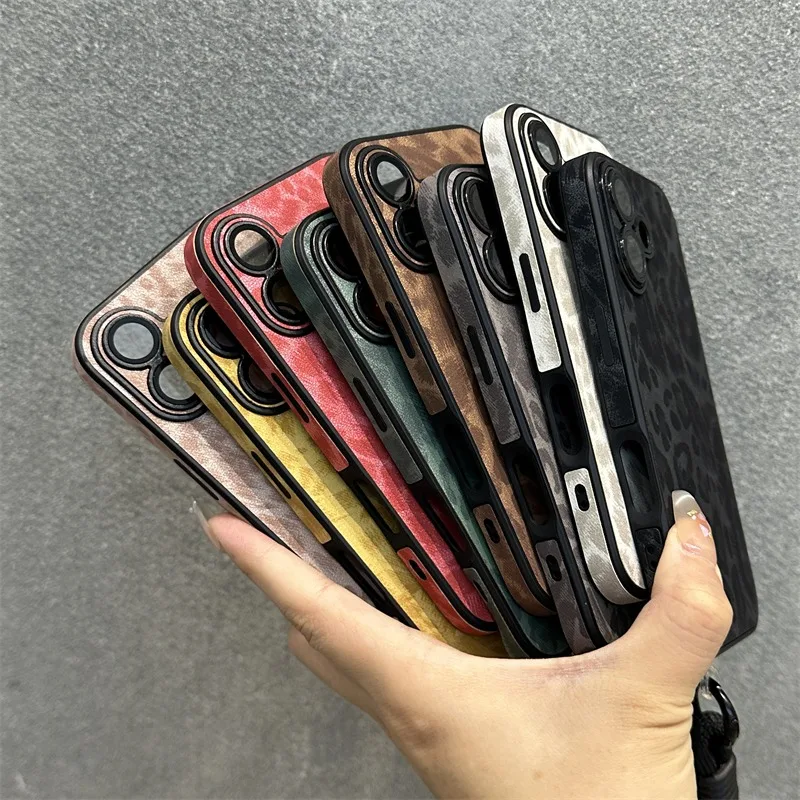Cartoon Leopard Print Lanyard Leather Case for iPhone 16 15 Pro Max 14 Plus 13 11 12 Hand Wrist Strap Lens Protector Matte Cover