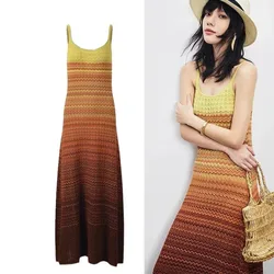 2024 Fashion Summer Hollow Out Knitted Striped Holiday Robe Women Spaghetti Strap Wavy Rainbow Gradient Color Stretch Long Dress