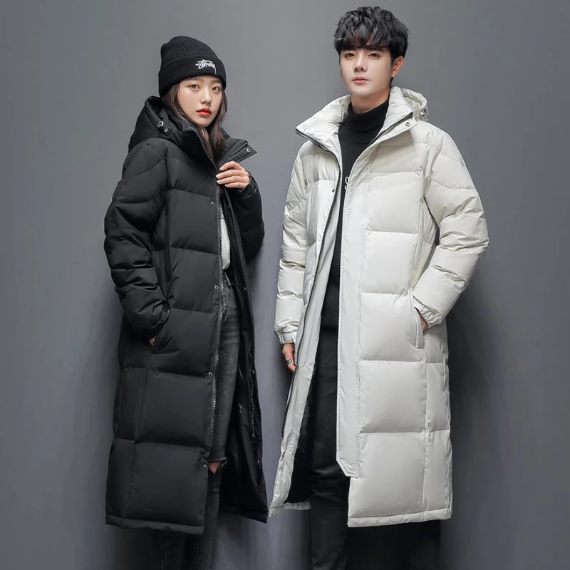 

2025 Winter Unisex Long Over Knee Hooded Down Cotton Jacket Korean Style Thickened Warm Casual Couples Parka Coat