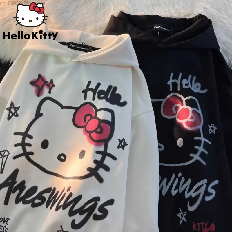 Sanrio Hello Kitty Gothic Hoody Sweater Cute Korean Fashion Hip Hop Black White Pullovers Coat 90s Vintage Sweatshirt Couple Y2k