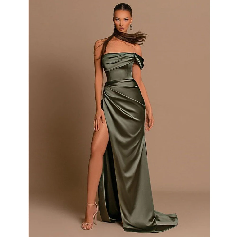 Elegant Off The Shoulder Women Evening Dress 2023 Satin Green High Split Ruched Bust Waist Pleat Prom Formal Party Gown Vestidos