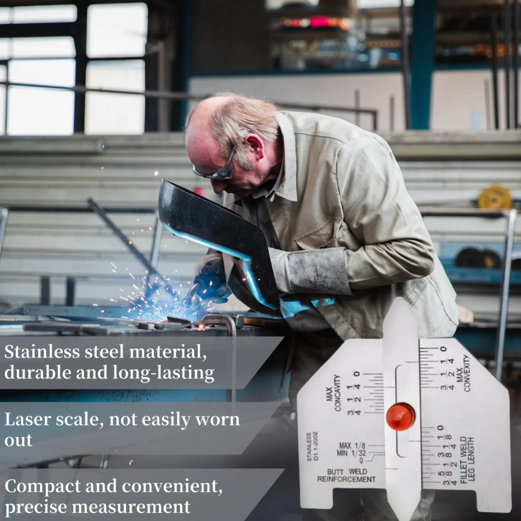 PrecisionWeld naadmeetinstrument voor nauwkeurige kalibratie van schuine gewrichten die convexe oppervlakken en de dikte van hoeklaspen controleren