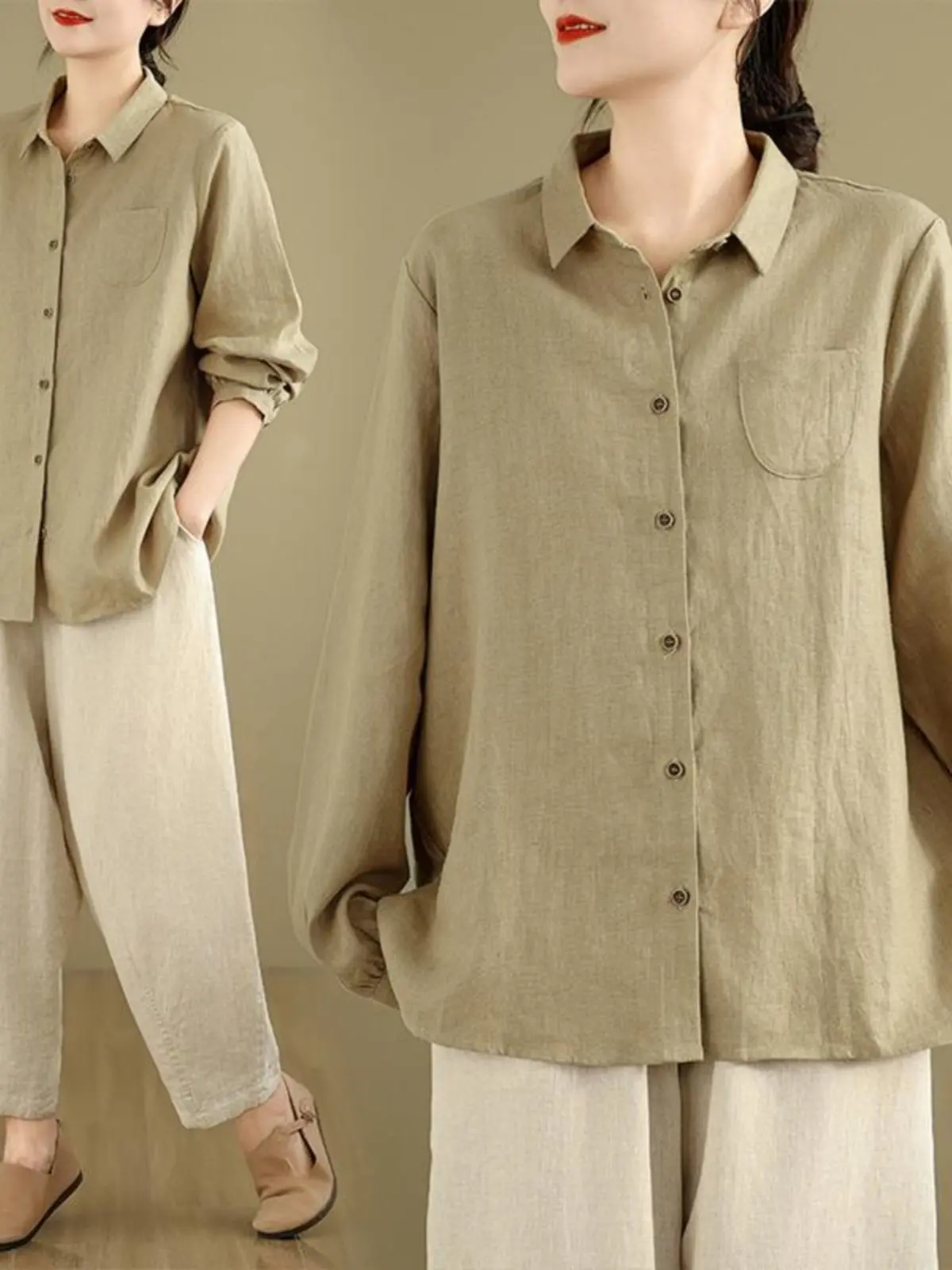 High-End Loose Fit Inner Shirt Vintage Style Long Sleeve Turn-down Collar Oversized Slimming Cotton Linen Cardigan