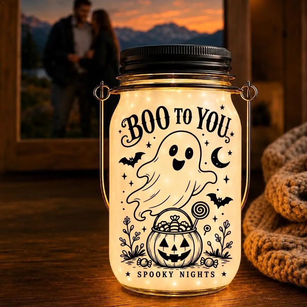 Halloween Mason Jar Lights Glass Hanging Lantern Outdoor Garden Yard Tree Ghost Pumpkin Spooky Party Decor Bottle