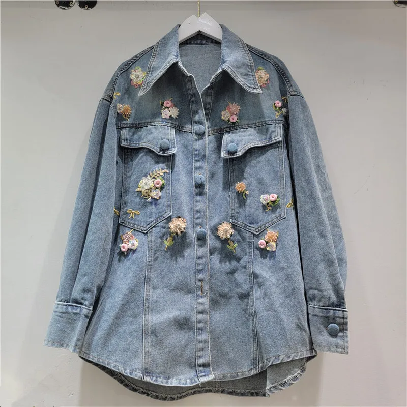 

Embroidered Beaded 3D Flower Denim Shirt, 2026 Spring Loose Fashionable Stylish Versatile Casual Top for Women