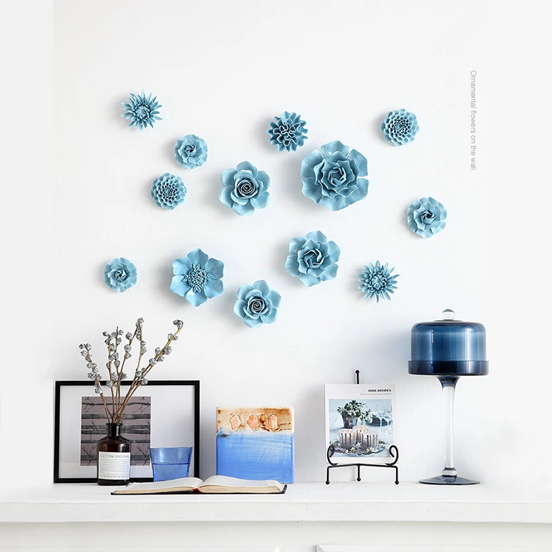 Chinese Blue Peony Rose Ceramic Flower Wall Hanging Decoration Hotel Cafe Club Mural Crafts Home Livingroom 3D Sticker