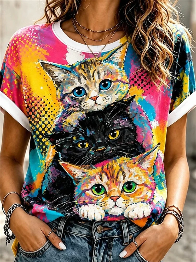 2026 New Arrival Women's Fashionable Short-Sleeve T-Shirt with Colorful Cute Cat Graffiti Print Hip-Hop Style Women's Top