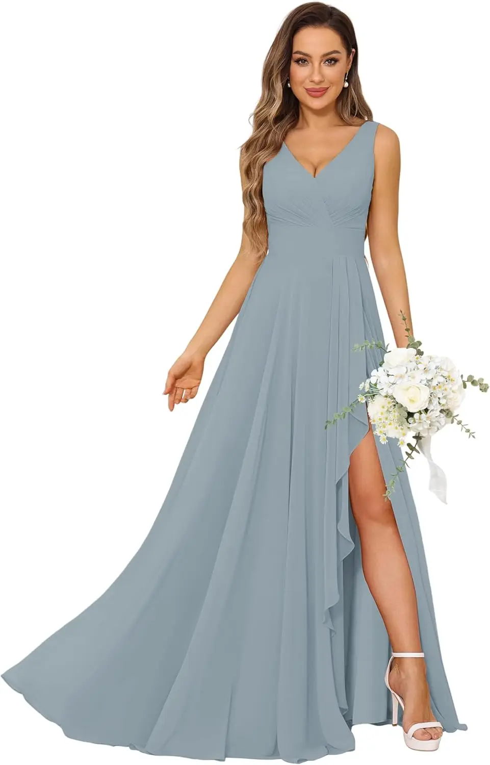 Długa sukienka szyfonowa dla gości weselnych, dekolt w serek, plisowana sukienka dla druhen plus size z kieszeniami, sukienka wieczorowa plus size z rozcięciem.