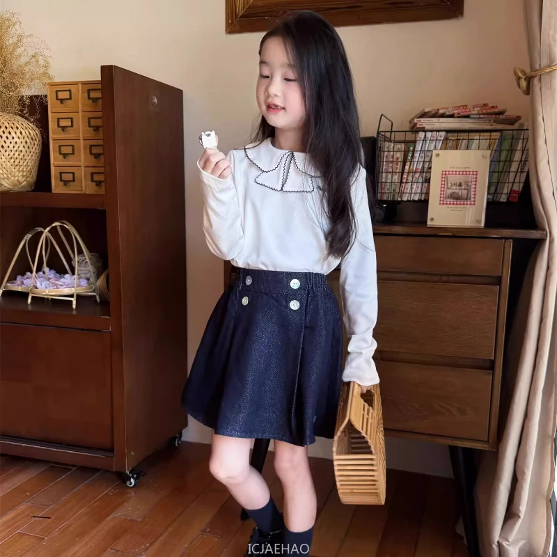 

Одежда для девочек-подростков, джинсовая юбка и топ с эластичной резинкой на талии и пуговицами, детская универсальная повседневная одежда, детские костюмы, винтажные костюмы для девочек
