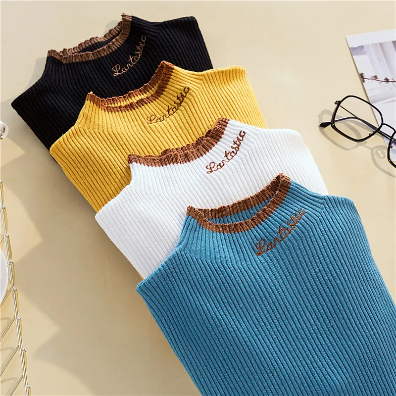 Embroidery Mock Neck Pullover Knitted Sweater Autumn Winter Women\'s Sweater Korean Fashion Long Sleeve Soft Slim Female Tops