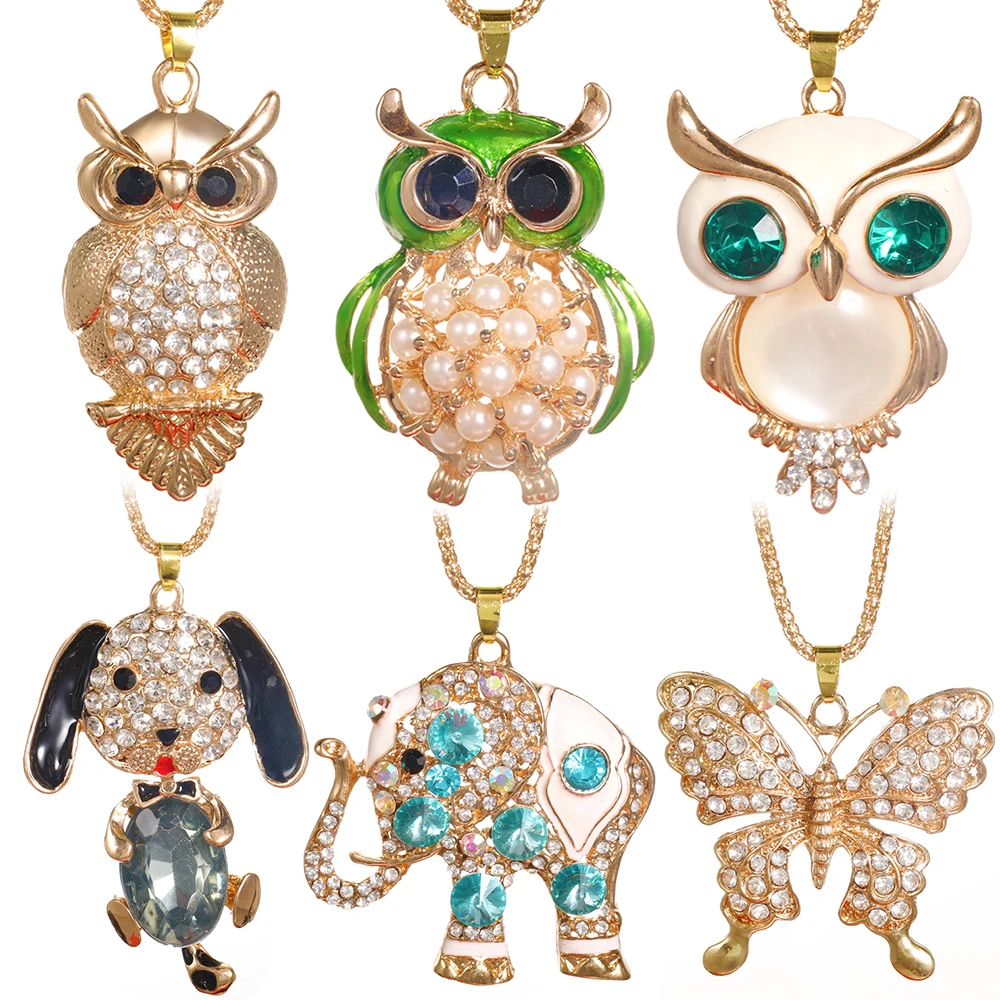 2024 New Painted Pearl Owl Pendant Stainless Steel Chain Rhinestone Animal Element Fashion Women\'s Street Style Necklace Jewelry