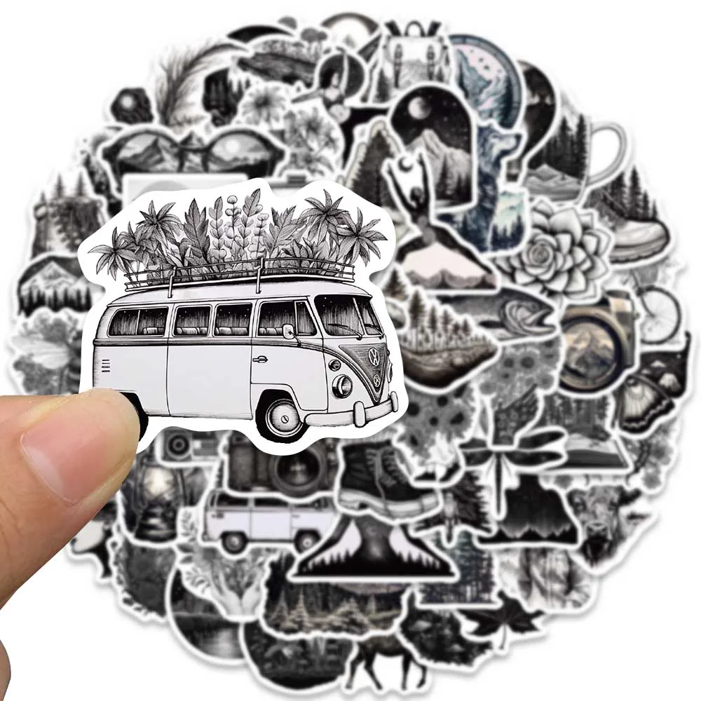 60pcs Black and White Cartoon Neture Adventure Graffiti Stickers For Laptop Phone Guitar Luggage Diary Waterproof Vinyl Decal